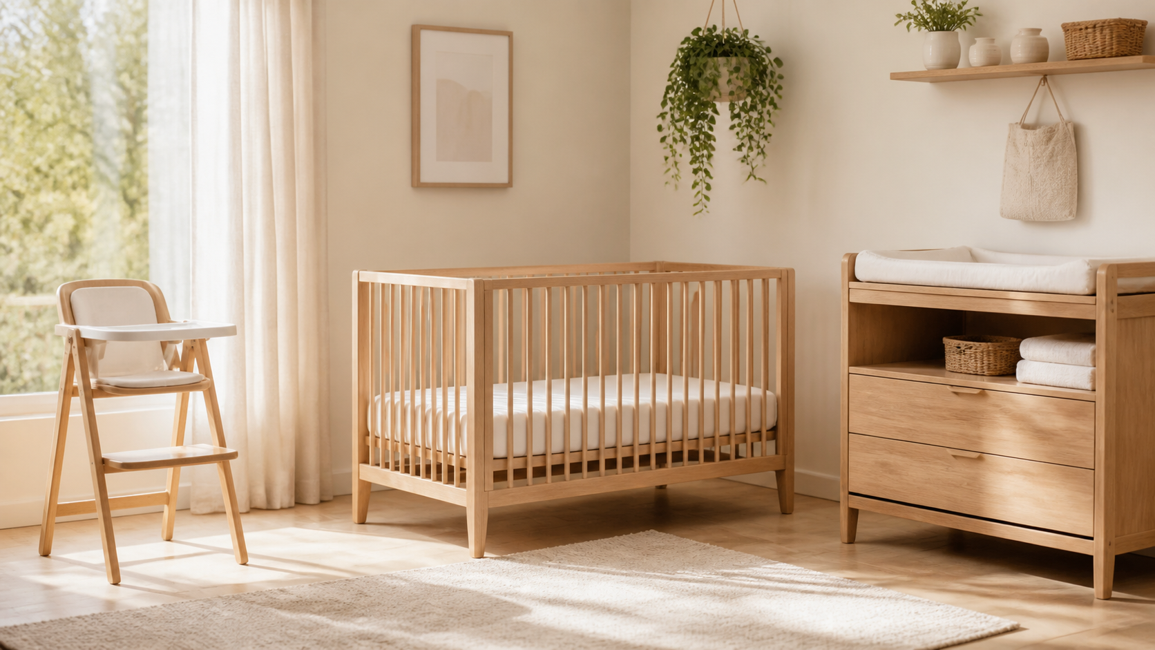 Modern nursery with cot, dresser and high chair illustrating furniture safety guidance